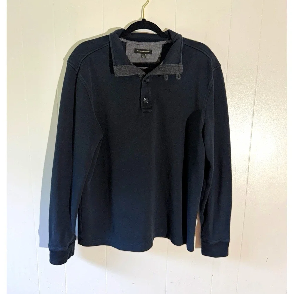 Banana Republic Men's L Gray Solid Knit Long Sleeve Polo Shirt Collared Button